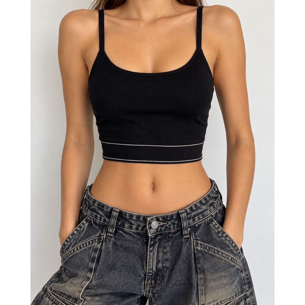 Black Cropped Tank Top Contrast Stitch Y2K